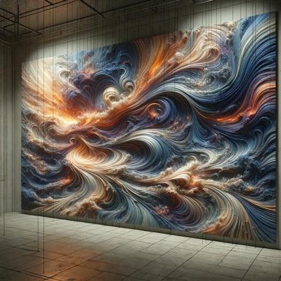The primary subject of the image is a large, colorful painting of a swirling, abstract design. The painting is displayed on a wall, which serves as the setting. The visual style of the painting is a mix of digital art and illustration, creating a vibrant and dynamic atmosphere. The dominant colors in the painting are blue, orange, and white, which contribute to the overall mood of the artwork.